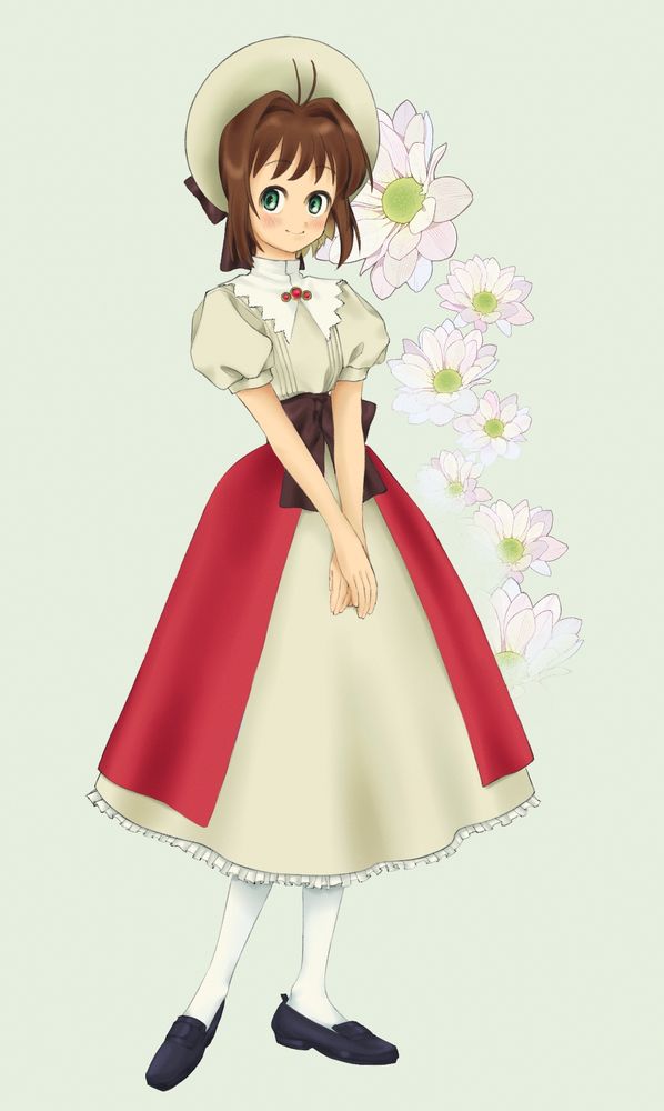 A digital drawing of Sakura Kimoto wearing a summer hat and soft brown dress with red details there is a clipstudio assest on the back depicting some daisies