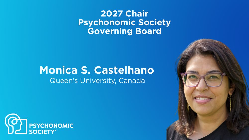 Graphic with blue background, white PS branding, and photo of Monica S. Castelhano announcing her selection as Chair of the 2027 Governing Board.