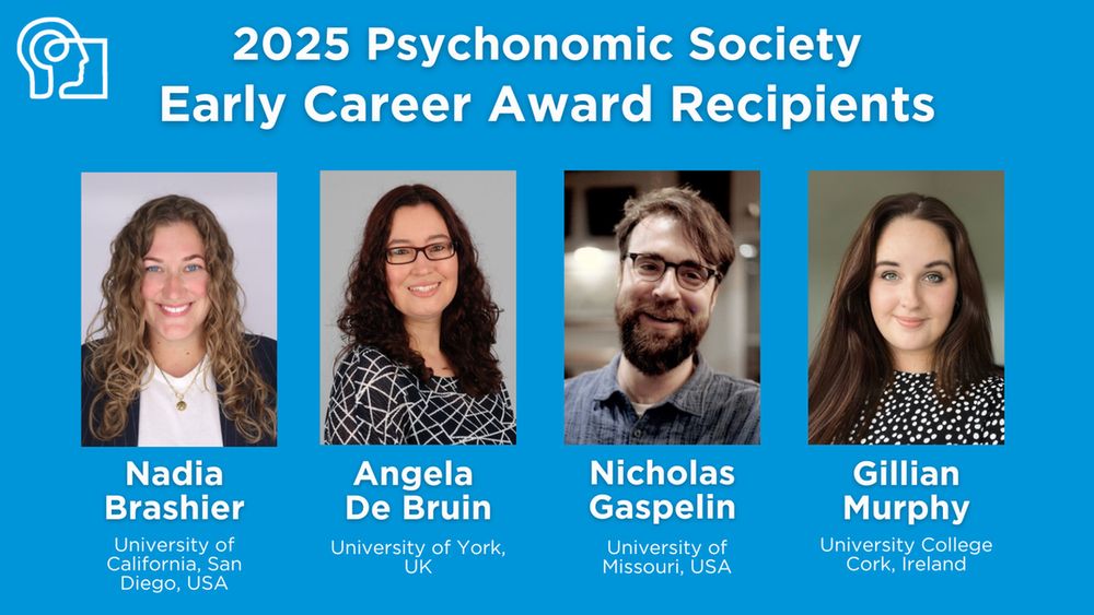 Blue background with PS logo announcing the 4 new 2025 Early Career Award recipients with their names and institutions.