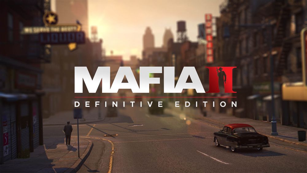 A cover image of the game Mafia II Definitive Edition. The background is set in the 1940s with the title written in bold, white letters saying MAFIA, and the Roman numeral of the number Two in red. There’s a silhouette of a person dressed in a suit holding a Tommy gun between the two I’s. 