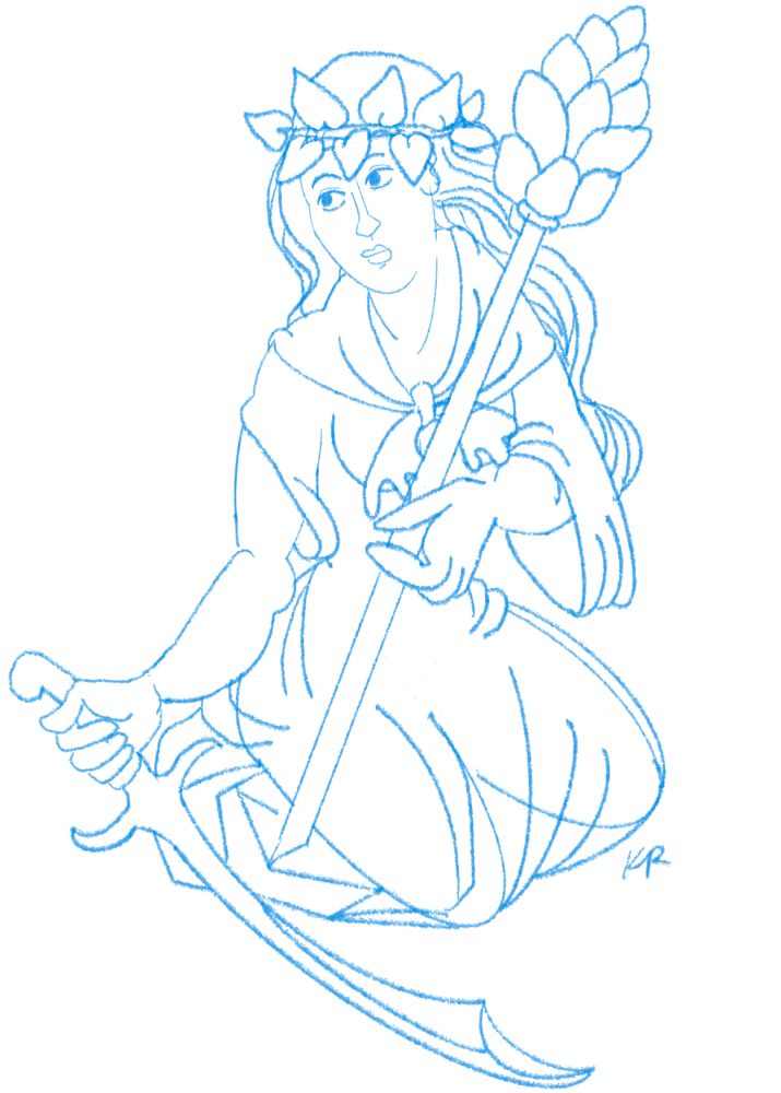 A drawing of a Maenad holding a thyrsus and a scimitar. 