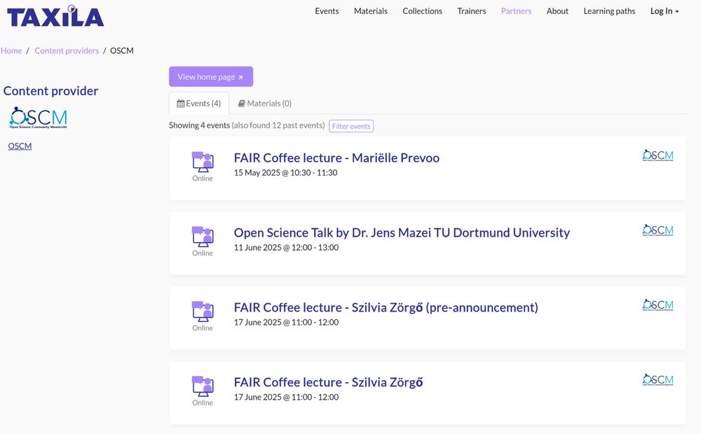 Screenshot of the linked Taxila.nl page. It shows the Taxila logo at the top, and the OSCM logo in the left-side bar, with in the main panel four upcoming OSCM events.