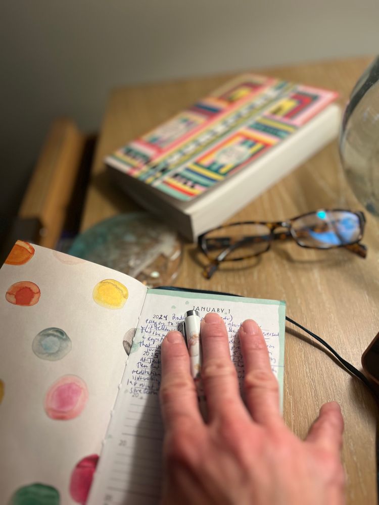 Journal turned to January 1, showing entries for 2024 and 2025. 