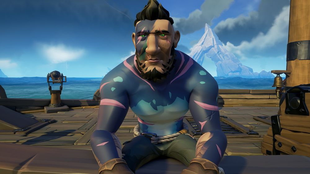 A pirate with a shark-like skin color and glowing green eyes sits calmly on the railing of a wooden pirate ship, reflecting on his adventures. 