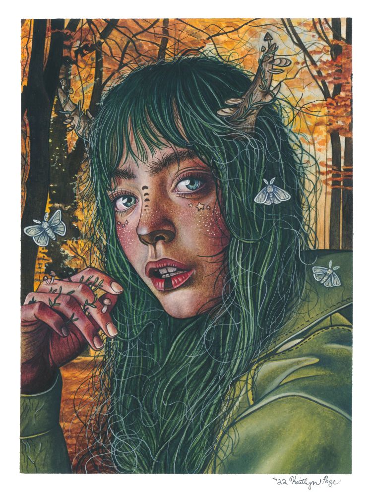Watercolor painting of a girl with green hair and horns in a fall scene