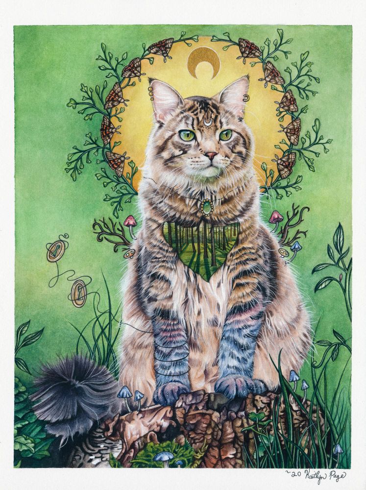 A watercolor painting depicting a fluffy tabby cat with a bright green background and a halo of moths.