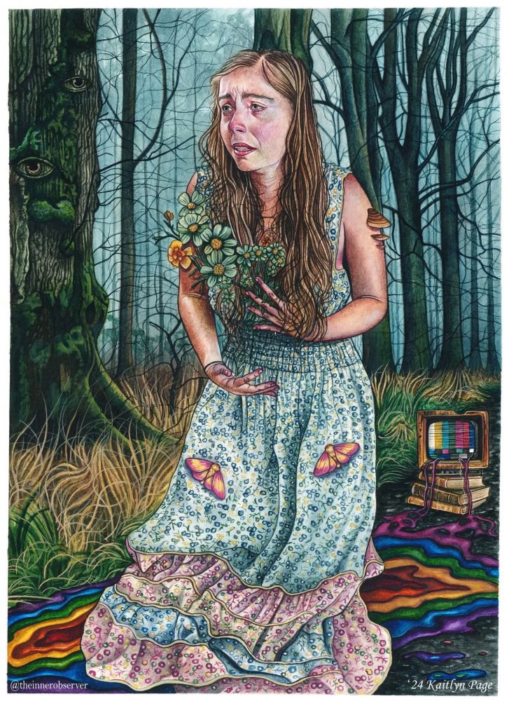 A watercolor painting of the artist depicting Grief. The woman is crying in a foggy forest with flowers bursting from her chest. There is a mess of rainbow colored goop on the ground beneath her stemming from an old television set behind her.