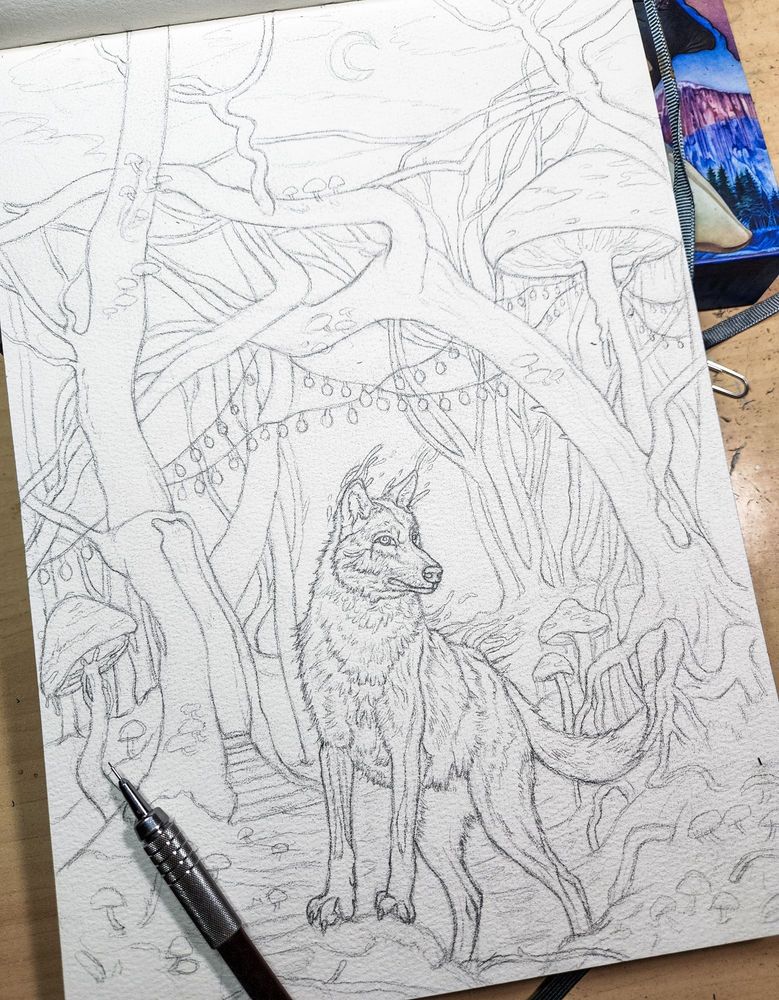A sketch of a wolf stands on a heavily wooded path with giant fungi. 