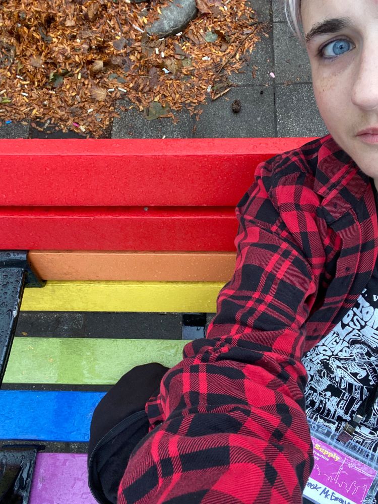photo from a high angle, i am halfway out of frame to the right, wearing a red and black plaid, sitting on a park bench painted rainbow.