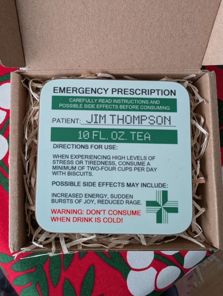 Coaster, mock personalised prescription for tea 