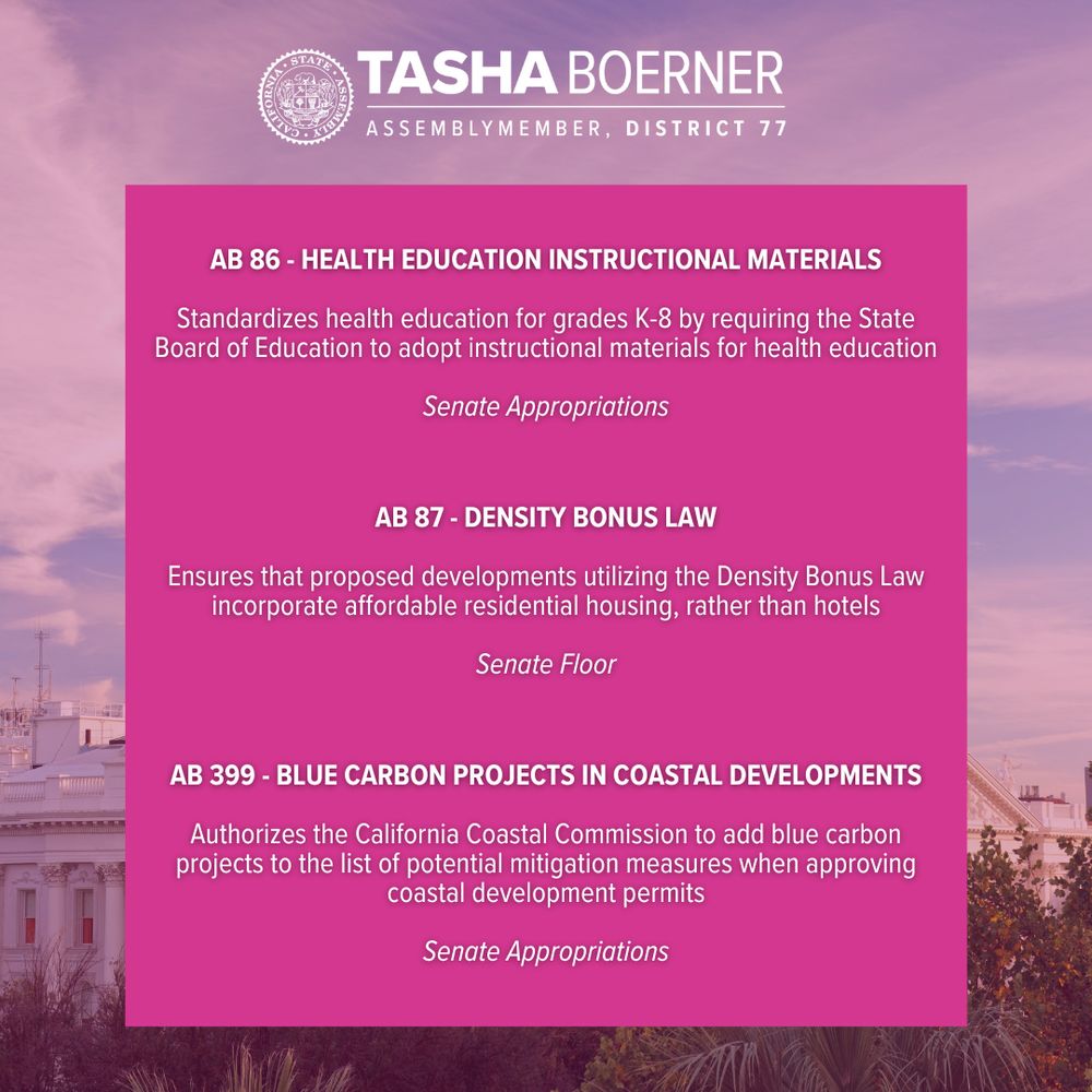 AB 86 - Health education Instructional materials

Standardizes health education for grades K-8 by requiring the State Board of Education to adopt instructional materials for health education

Senate Appropriations

AB 87 - Density bonus law

Ensures that proposed developments utilizing the Density Bonus Law incorporate affordable residential housing, rather than hotels

Senate Floor

AB 399 - Blue carbon projects in coastal developments

Authorizes the California Coastal Commission to add blue carbon projects to the list of potential mitigation measures when approving coastal development permits

Senate Appropriations