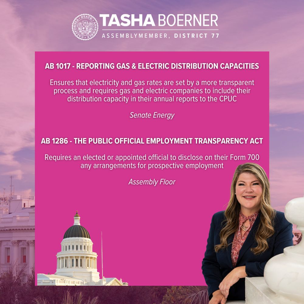 AB 1017 - reporting gas & electric distribution capacities

Ensures that electricity and gas rates are set by a more transparent process and requires gas and electric companies to include their distribution capacity in their annual reports to the CPUC

Senate Energy

AB 1286 - the public official employment transparency act

Requires an elected or appointed official to disclose on their Form 700 any arrangements for prospective employment

Assembly Floor