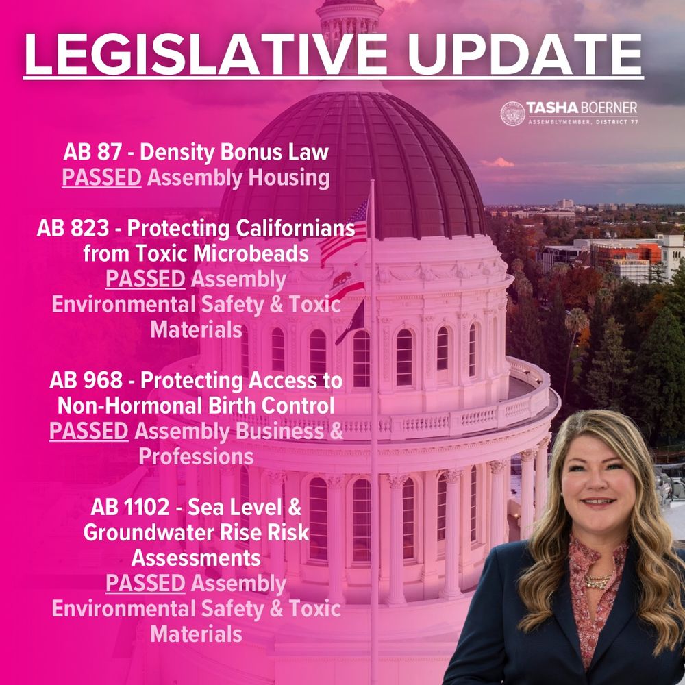 AB 87 - Density Bonus Law
PASSED Assembly Housing

AB 823 - Protecting Californians from Toxic Microbeads
PASSED Assembly Environmental Safety & Toxic Materials

AB 968 - Protecting Access to Non-Hormonal Birth Control
PASSED Assembly Business & Professions

AB 1102 - Sea Level & Groundwater Rise Risk Assessments
PASSED Assembly Environmental Safety & Toxic Materials