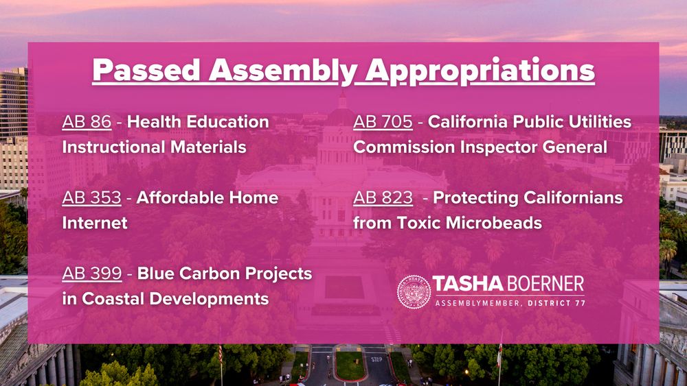 The California Capitol is pictured in the background with a magenta triangle. The graphic includes bills that passed Assembly Appropriations. Those bills include: AB 86 - Health Education Instructional Materials, AB 353 - Affordable Home Internet, AB 399 - Blue Carbon Projects in Coastal Developments, AB 705 - California Public Utilities Commission Inspector General, & AB 823 - Protecting Californians from Toxic Microbeads.