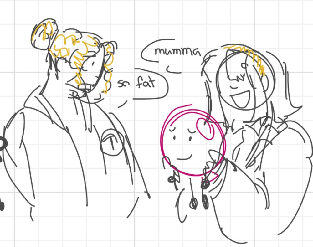 Trophy and Suitcase gijinkas Inanimate Insanity. Suitcase happily holds up a Balloon plush and says “mumma”. Trophy comments “so fat”