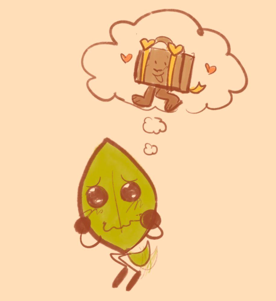 Leafy BFDI happily thinking about Suitcase II as a cute little puppy. Her eyes are big and shiny as she looks close to tears from the cuteness and her tail (the petiole on a leaf) is wagging.
