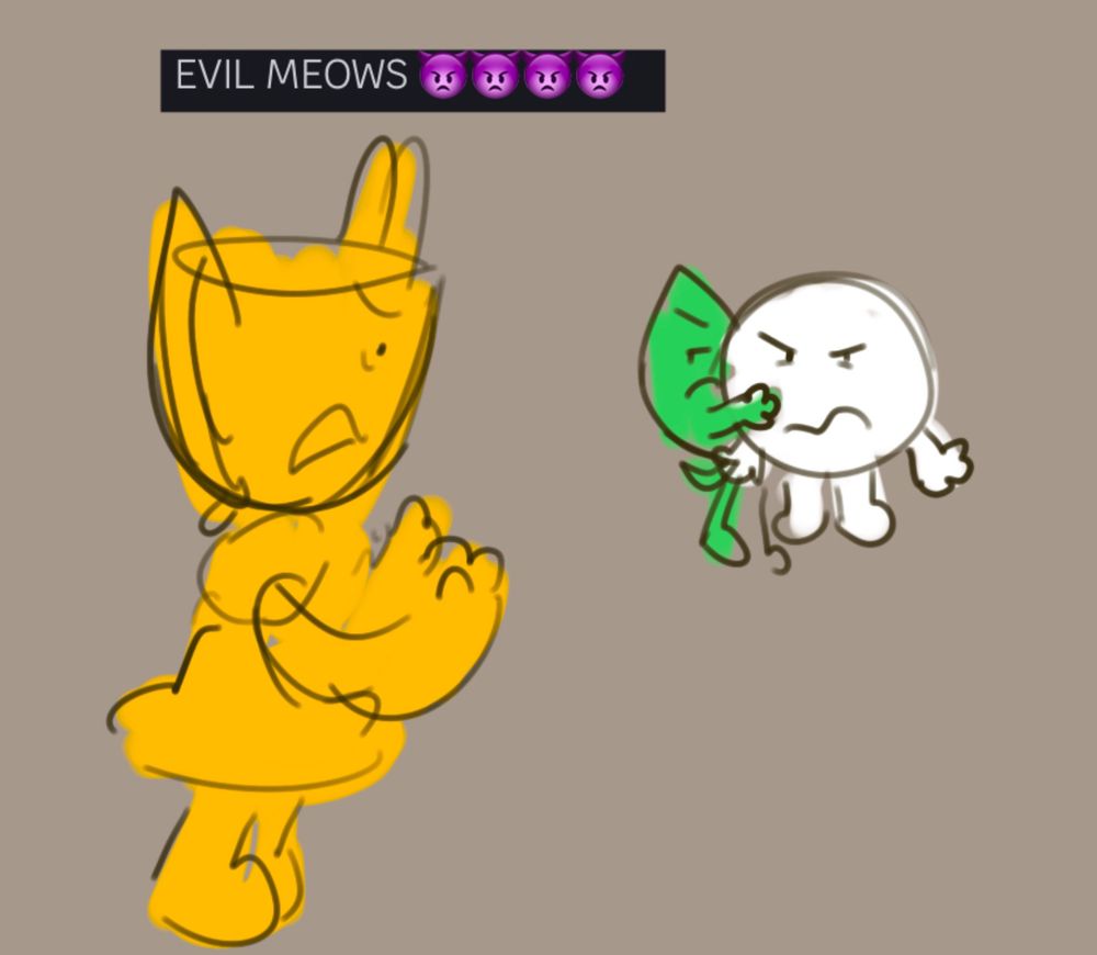 Trophy angrily gestures and says “EVIL MEOWS👿👿👿👿”. Leafy and Yin look annoyed