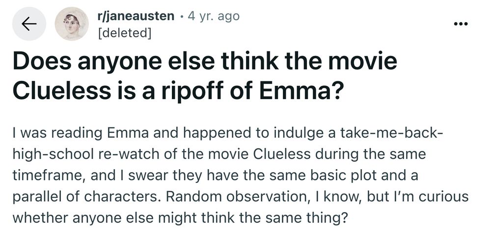 A reddit post asking "does anyone else think the movie Clueless is a ripoff of Emma?"