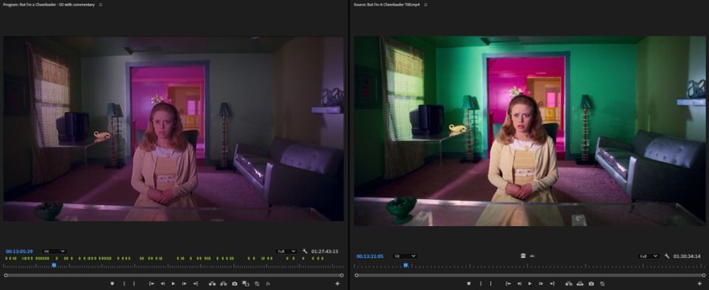 side-by-side comparison of low-res muted footage and hi-res saturated footage of natasha lyone in a colorful room