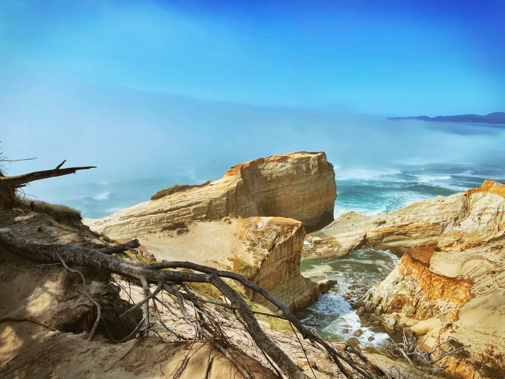 View from atop of the dune overlooking Cape Kiwanda. The sea has carved out a bowl, which is colors of blue and green and white where the water hits the rocks. Surrounding the bowl are jagged sandstone cliffs in all colors of yellow, orange, and brown. Behind the cliffs, large white tipped waves can be seen making their way to shore. A marine layer of fog sits between the turquoise waves and the bright blue sky.