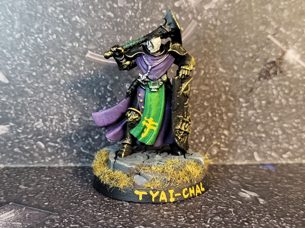 A Stormcast Eternals model, armour black with a gold patina, wearing green and purple robes.