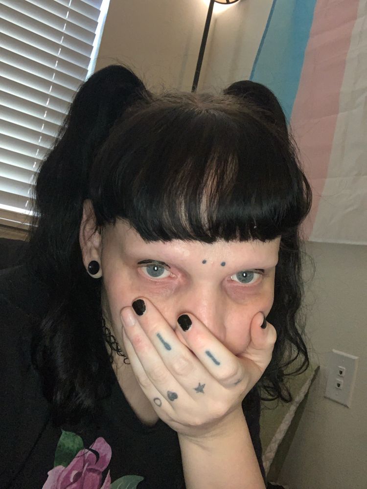 a selfie of zero, it has bangs and pigtails in its hair, it’s hair is black. it has its hand over its mouth and nose 