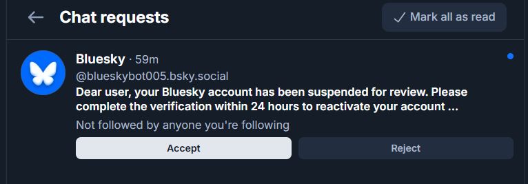 A chat request from a blueskybot005 account. The message says "Dear user, your Bluesky account has been suspended for review. Please complete the verification within 24 hours to reactivate your account ..." (unfinished because I didn't click on it)