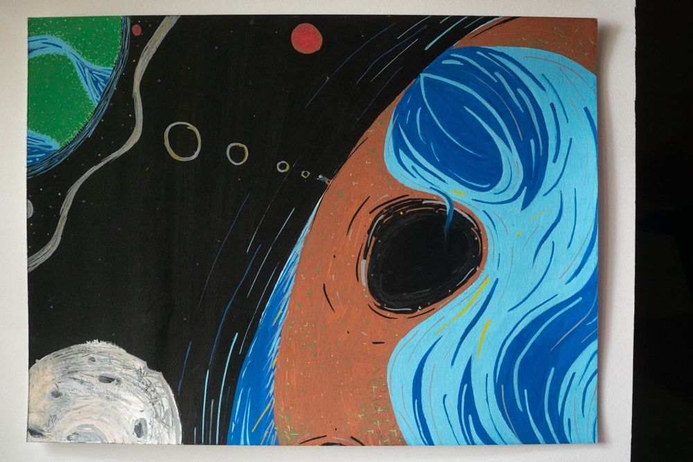 Photo of a drawing/painting on paper. The bottom right half of the image features an exploited, polluted earth. The moon sits in the bottom left, with Mars in the top center. Standing on the top left most edge of the earth is a human, dreaming about a lush, green, biodiversity-filled earth that has everything humans need for survival.