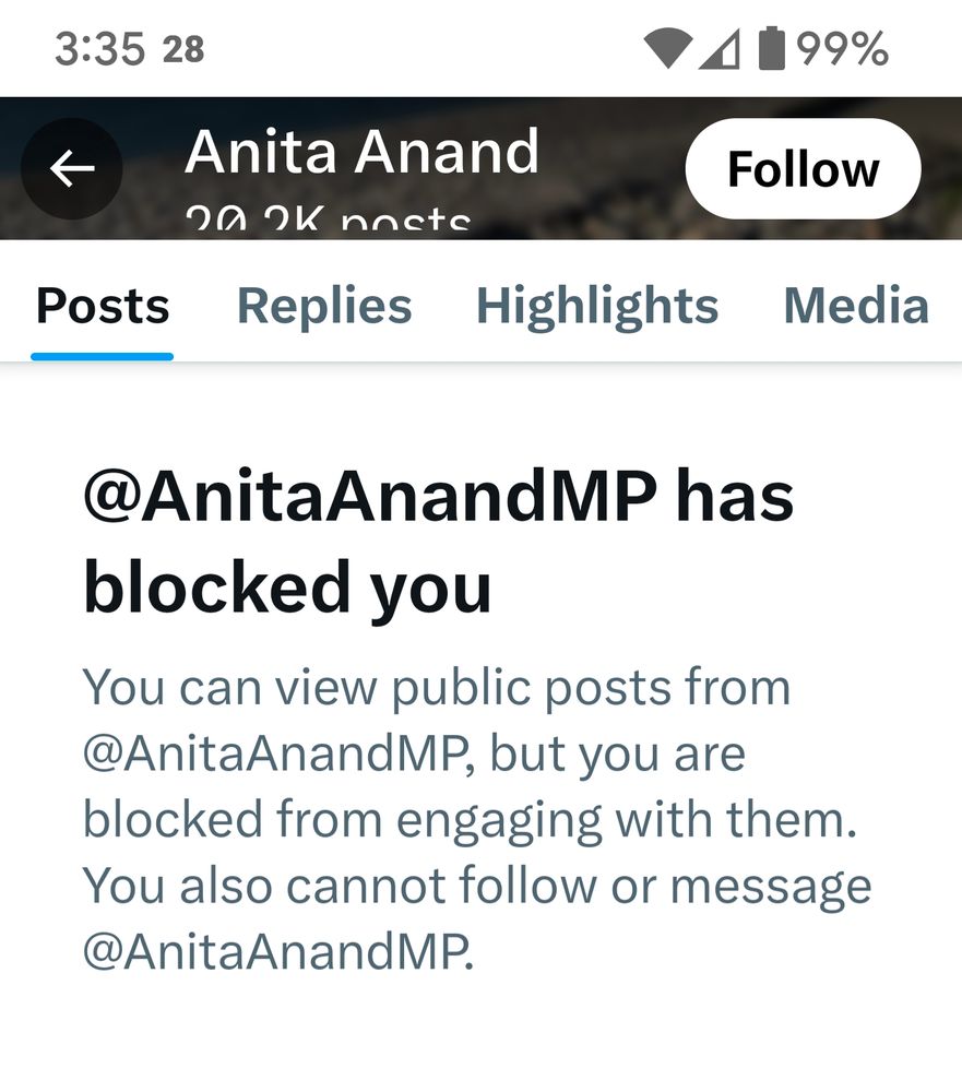 Notice from Twitter that the Corruptario account is blocked by Anita Anand. 