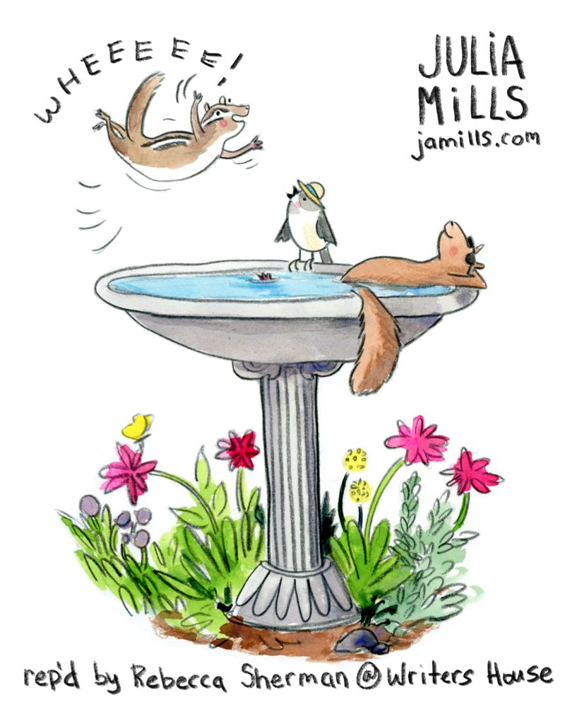 A birdbath in a garden. A squirrel is taking a nap, a bird is watching a chipmunk bellyflop into the water. Rendered in a watercolor style. 