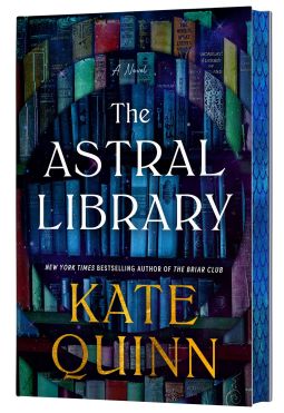 Book cover featuring a bookshelf in darkness framed by circles of enlarged sections of the shelves in different colors. All with a star sky showing through in the background.