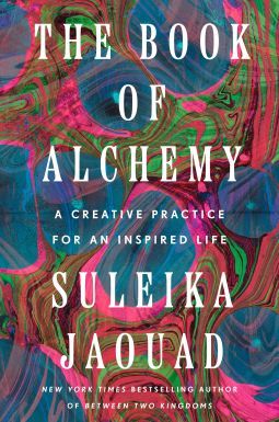Book cover for “The Book of Alchemy” is the title and author in white over a vibrant marbled backdrop in vibrant and neon pinks, greens and blues.