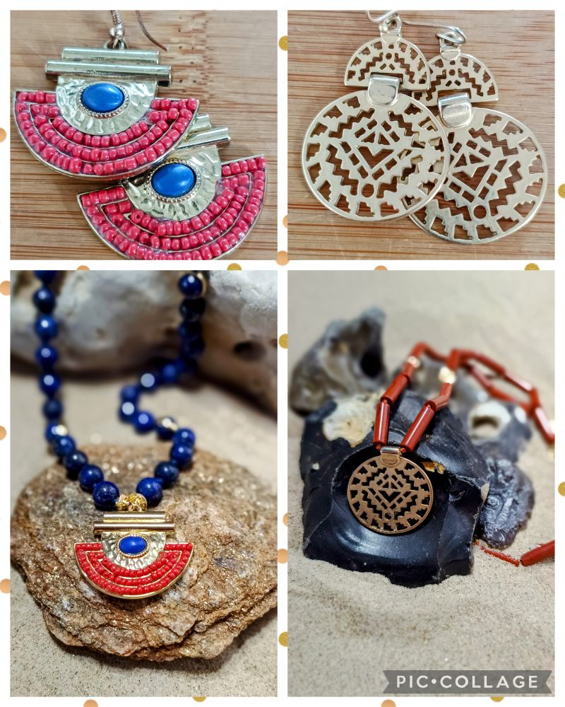 Eine Collage aus vier Bildern.
Oben links: Auf einer Babmbusplatte liegen zwei Modeschmuck-Ohrringe. Sie sind halbkreisförmig und haben einen ovalen blauen Stein mit Gold drumherum und viele kleine rote Steine aufgeklebt.
Unten links: Einer der Ohrringe aus dem oberen Bild ist jetzt als Anhänger an einer Kette aus Lapislazuli-Perlen angebracht. Er liegt auf einem goldig glitzernden Stein.
Oben rechts: Zwei goldene Modeschmuck-Ohrringe liegen auf einer Bambusplatte. Sie bestehen jeweils aus einem Kreis und einem kleineren Halbkreis darüber. Der Kreis ist mit einem gezackten Muster  durchbrochen.
Unten links: Der Kreis eines Ohrrings ist jetzt als Anhänger an einer Kette aus rotem Jaspis in Stäbchenform angebracht. Er liegt auf einem glänzend schwarzen Flint.