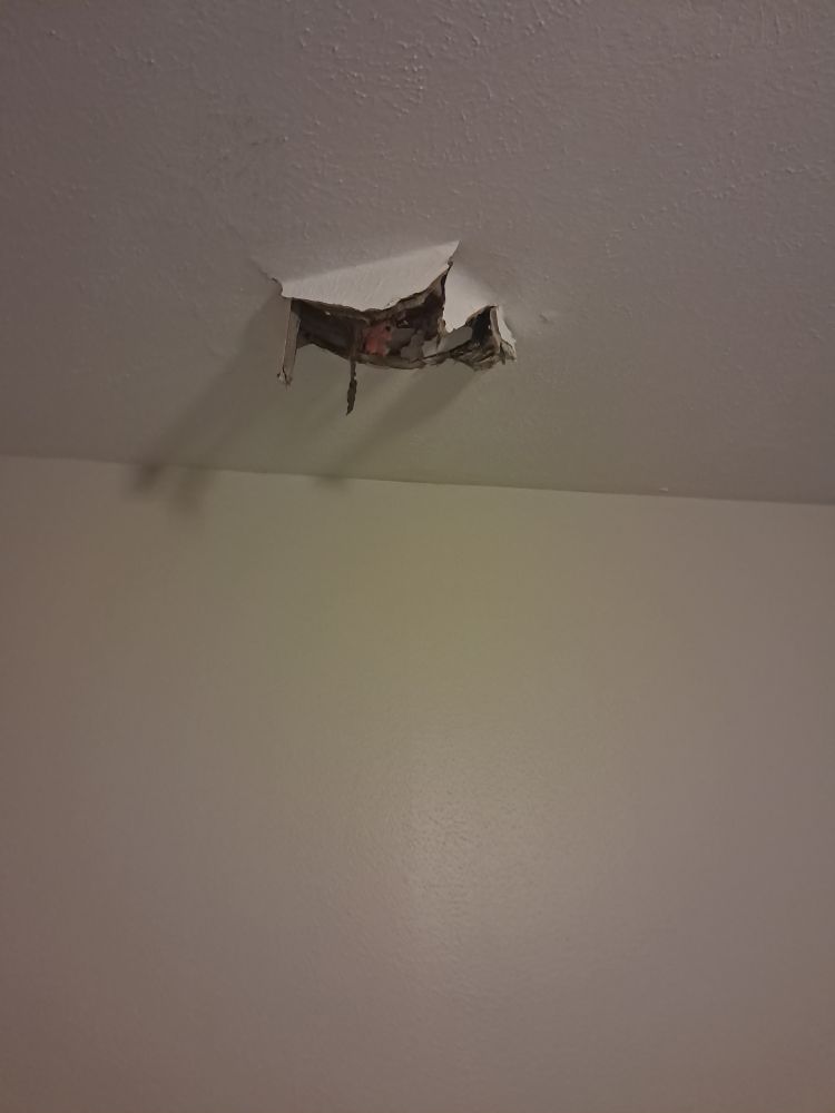 Hole in bedroom ceiling from branch that fell through the roof.