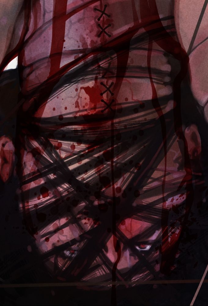 A close up of my digital paintings other face upside down covered in hair 