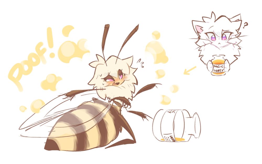 At the top right, Robyn (a white, fluffy cat) contemplates a jar labelled "Magic Honey". An arrow points to the aftermath of having consumed the jar, with Robyn having shrunk slightly and notably having been turned into a bee himself.