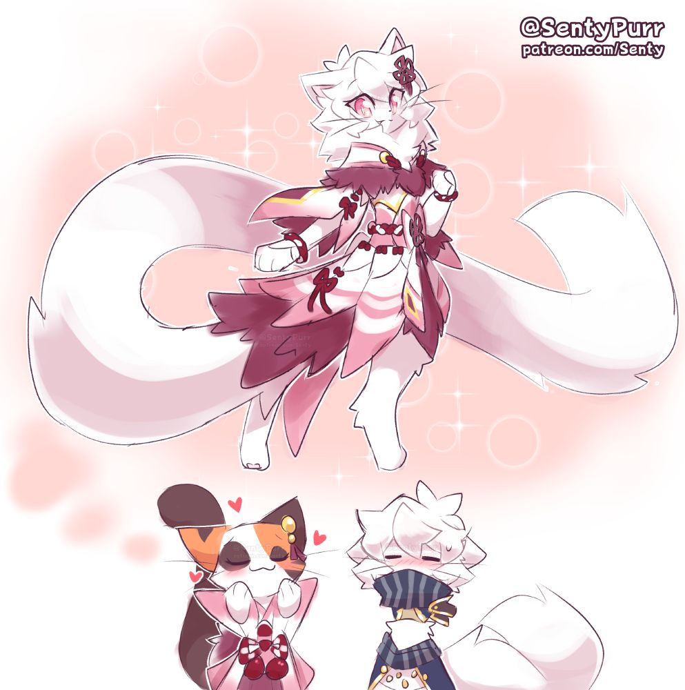 (A lot of terms below pertain to Monster Hunter Wilds. Temmy and Robyn are both my OCs that exist outside of the game!)

Temmy (Calico), wearing the MIzutsune outfit for Felynes, holds her paws over her face as she daydreams of Robyn (Seer Machka; white fluffy cat with a big tail) wearing the Miztstune Hunter F armor set, posing for the camera with sparkles all around him. All the while, the real Robyn is in front of Temmy, blushing at her shameless fantasizing. He's wearing a simplified version of the Xu Wu Hunter F armor set.