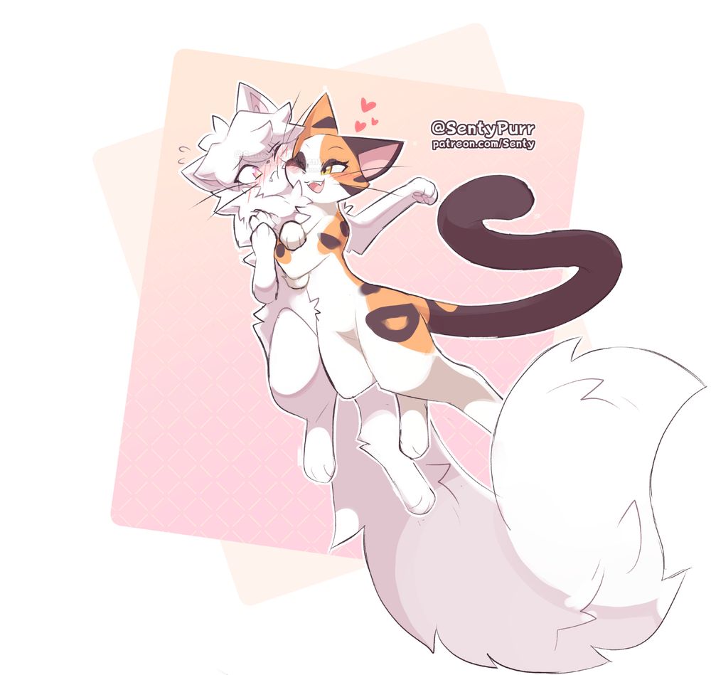 Robyn, a Seer Machka (fictional breed of white-furred fluffy cats with overly long tails and psychic powers) leans away with a blush and a disgruntled expression as Temmy, a yellow-eyed calico shorthair cat leans against him and smooshes her cheek to his, looking flirty and affectionate by contrast.