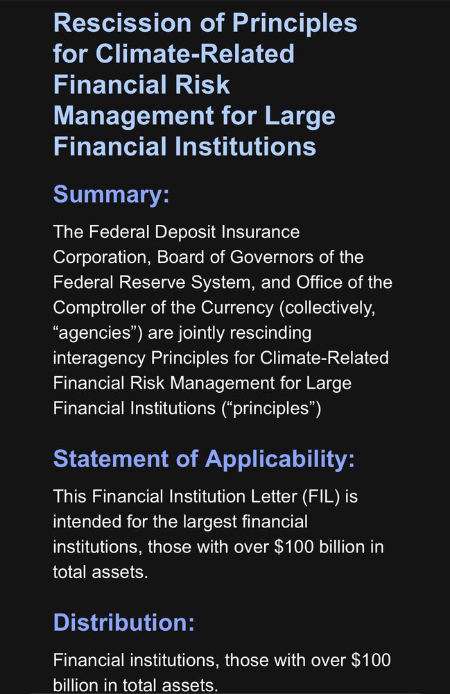Screenshot of the FDIC announcing it will no longer regulate large financial institutions for their climate change related financial risk. 