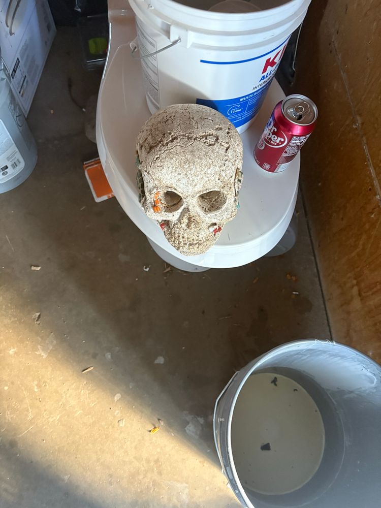 Human skull sculpture atop a broken toilet in a garage