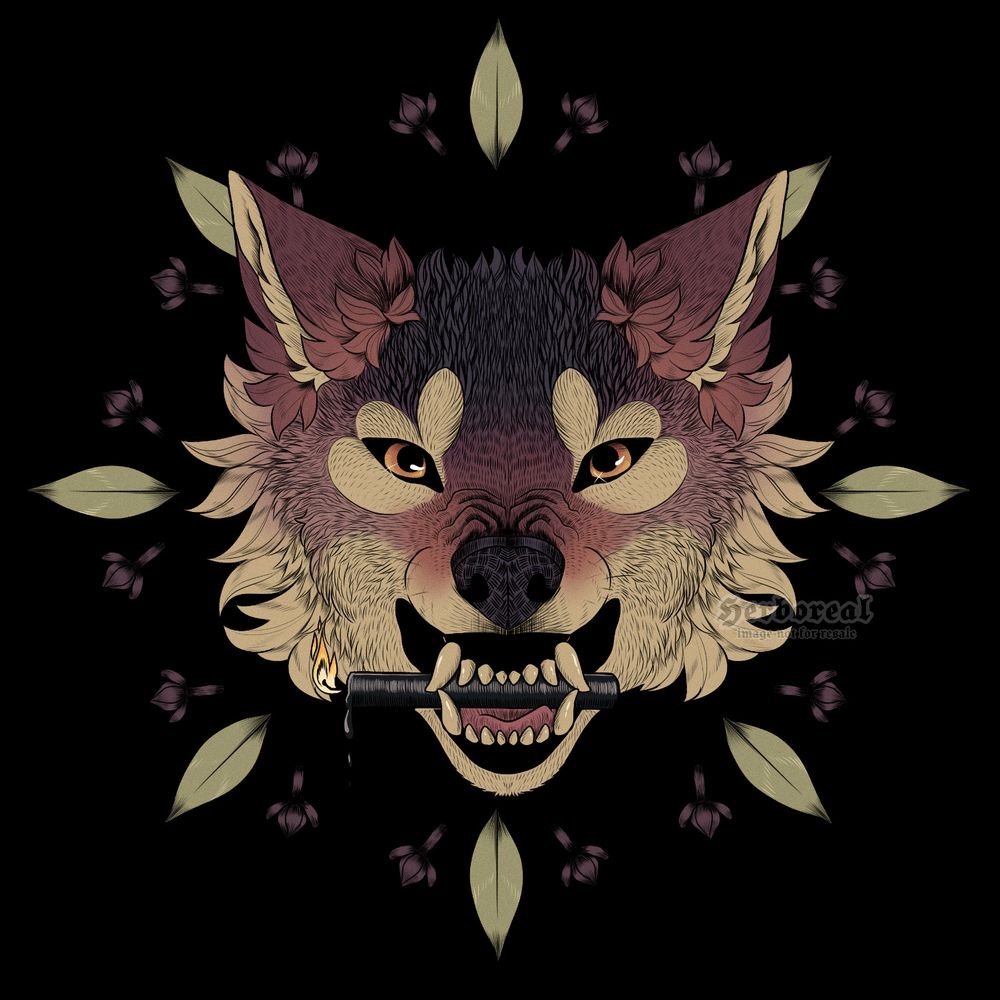Digital art of a symmetrical wolf head surrounded by bay leaves and cloves in a circle. The wolf has a snarling expression and holds a lit black candle horizontally between its teeth. The colors are dull red-brown/purple and cream.