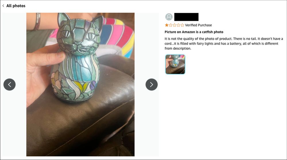 Photo of the lamp a buyer received- tiny, cat-shaped, but made of airbrushed plastic.