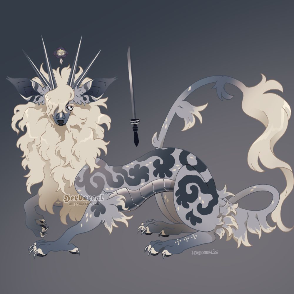 Digital art- a character design resembling a dragon in pale gray-cream and gray-blue with darker gray blue loose filigree markings. A sword floats nearby.