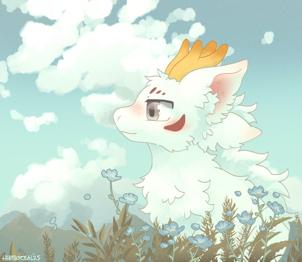digital art of a bust of sibuxiang the white quilin from you shou yan against a blue sky with white clouds. blue flowers and green foliage are in the foreground.