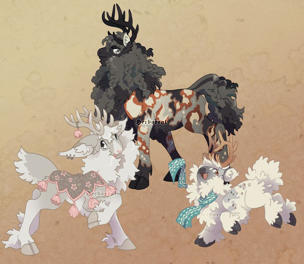 Digital art of three fluffy deer-like creatures in various shades of gray and brown, against a textured tan background.