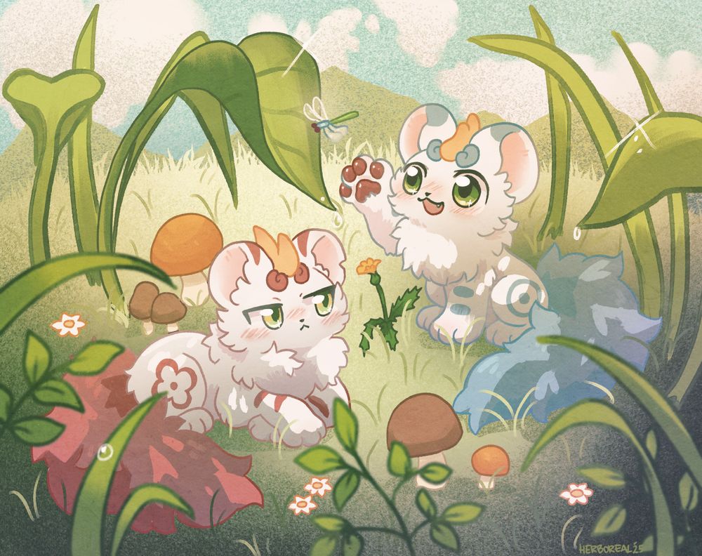 digital art of you shou yan characters bixie and tianlu in an outdoor scene among fantastically large plants.