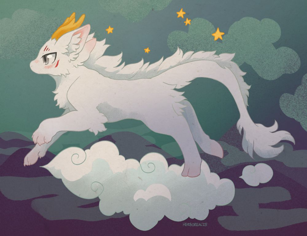 digital art of sibuxiang the quilin from you shou yan/fabulous beasts, running through a night sky.
