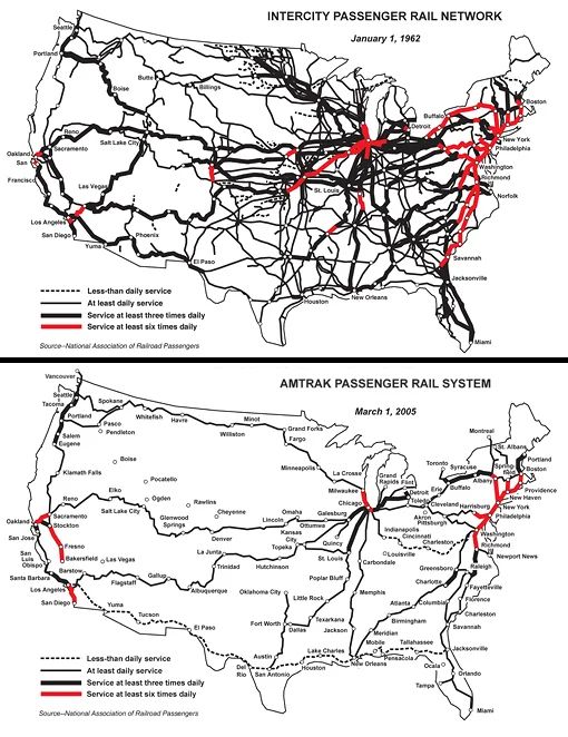 a map showing US passenger rail frequencies in 1962 and 2005. the map highlights the decline of rail service in the US. 