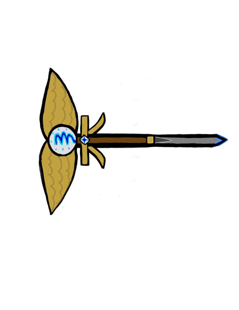 Secret sword project- grey sword with a brown handle. Gold/yellow details & hints of blues. 