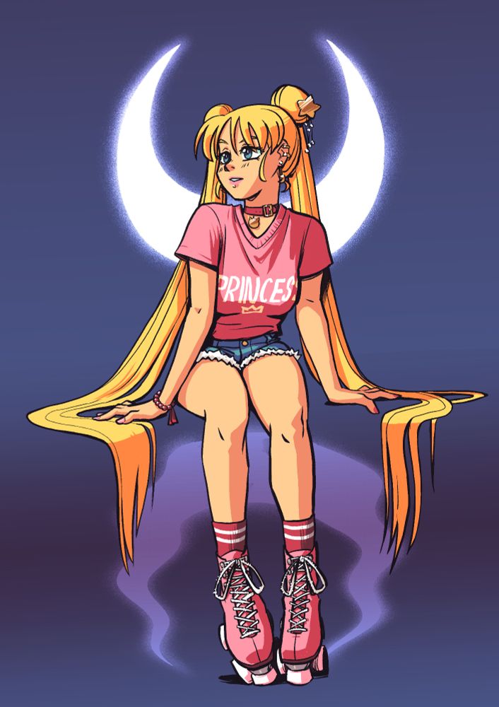An illustration of Usagi Tsukino from the anime Sailor Moon. She is sitting in the air. She is wearing pink rollerskates, cutoff shorts, and a pink t-shirt that says 'princess'.